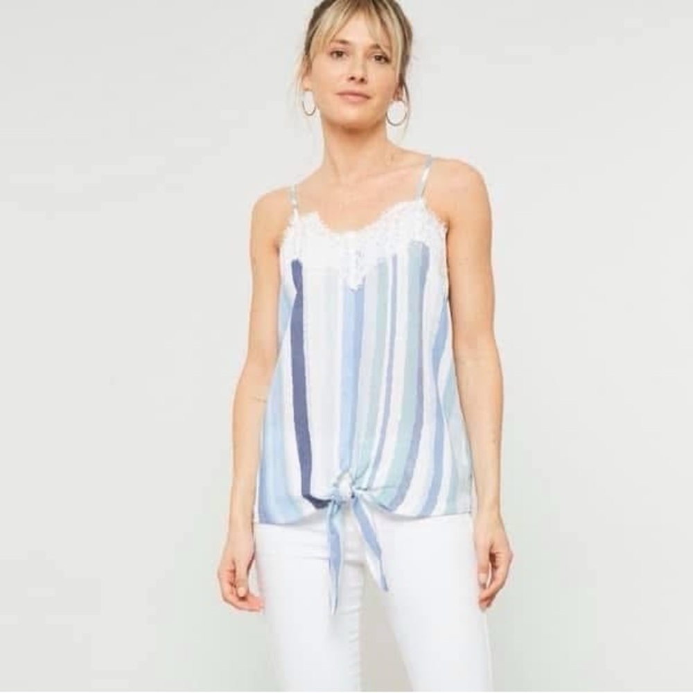 Striped Lace-Trimmed Tie-Front Tank Top